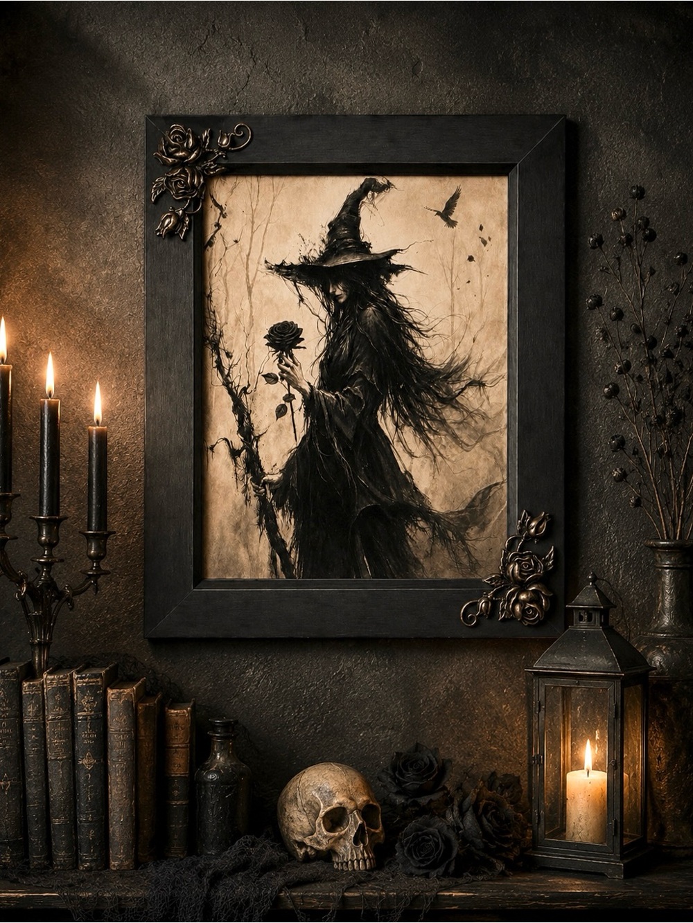 Rose Witch Wall Art Black Framed Print ~12.5”x10.5”